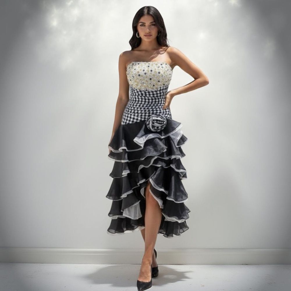 Camille la vie gray ruffle tiered rhinestone strapless evening party prom dress